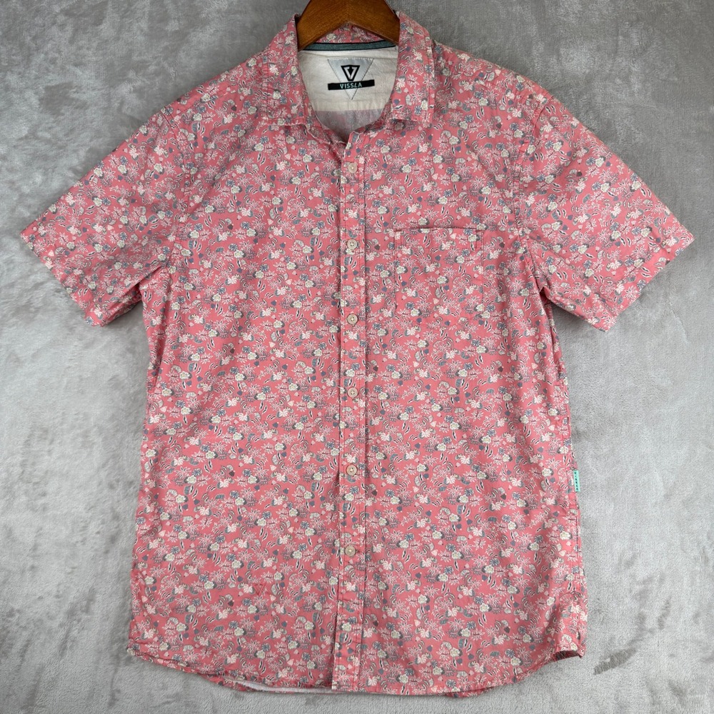 Vissla Mens Medium Short Sleeve Button Down Shirt Coral Pink Floral Print Surf